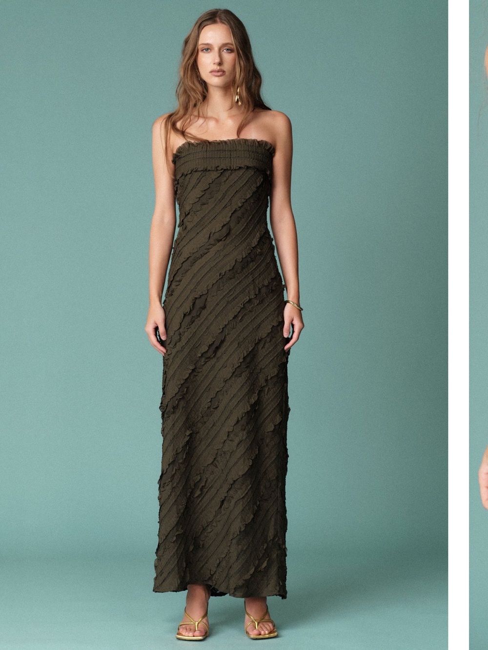 Endless Rose Strapless Ruffled Maxi Dress Olive Brown Green XS NWT Ruffled Gown